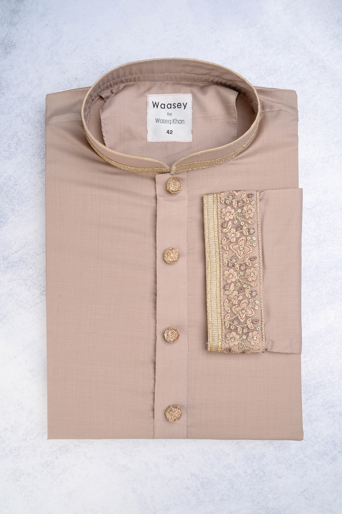 Taupe Embroidered Panjabi with Gold Trim